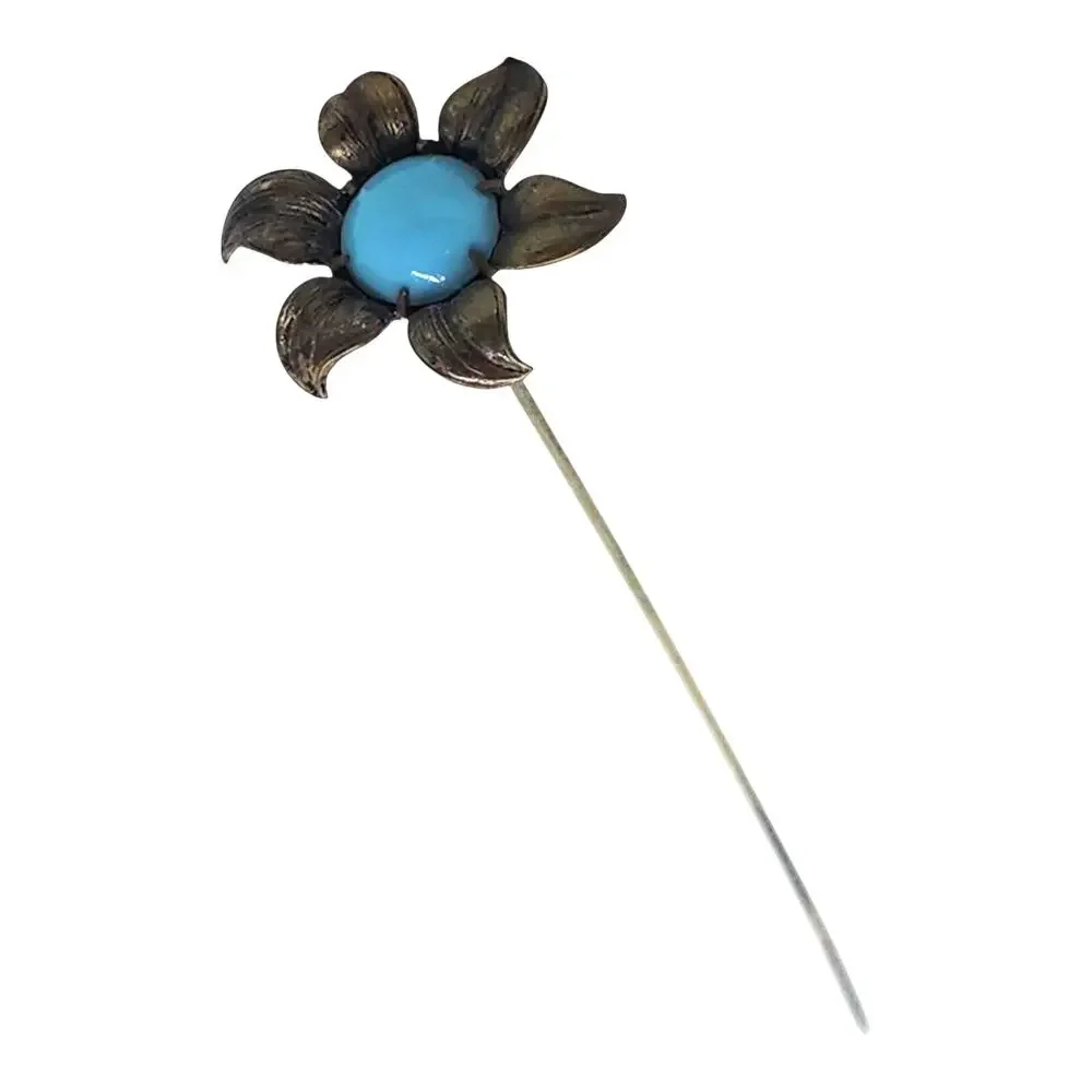 Vintage Long Stem Flower Stick Pin Turquoise Blue Cabochon Hat Lapel Floral